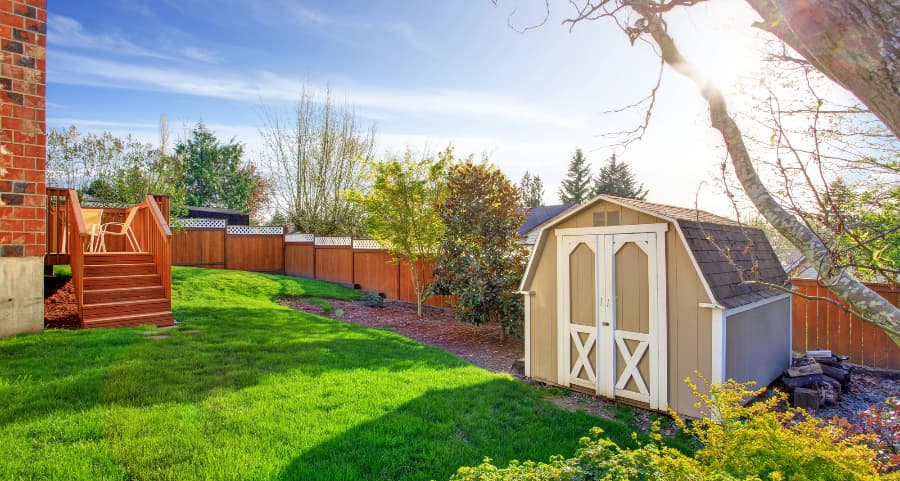 Fenced backyard with storage shed in Tampa